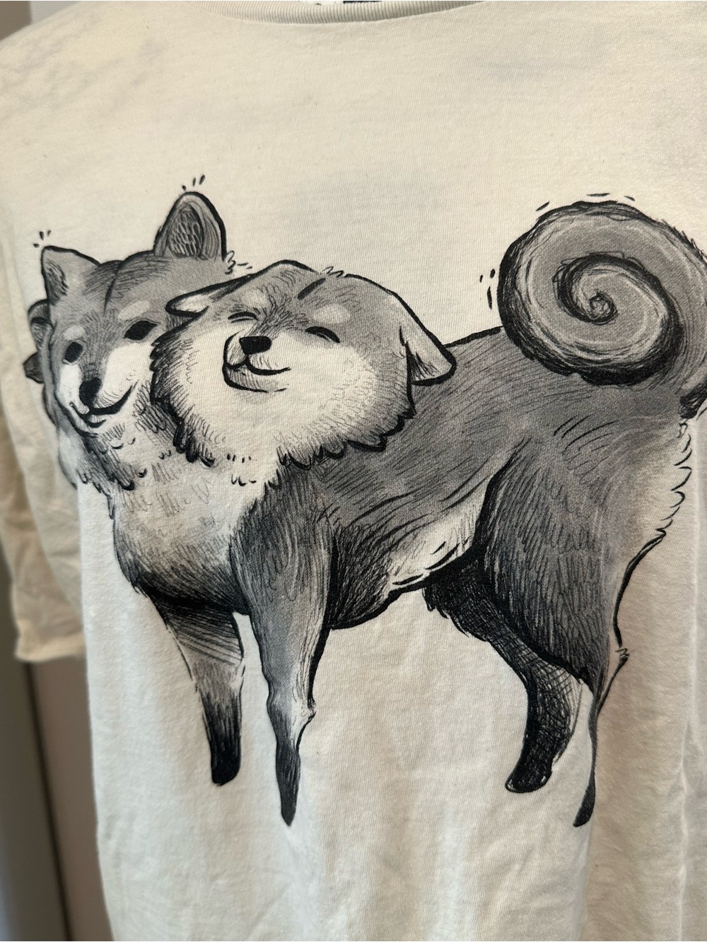 Hot Topic White Graphic Tee with Two-Headed Shiba Illustration